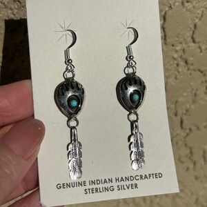 Navajo Handcrafted Sterling Silver Feathers Bear Claw & Turquoise Earrings